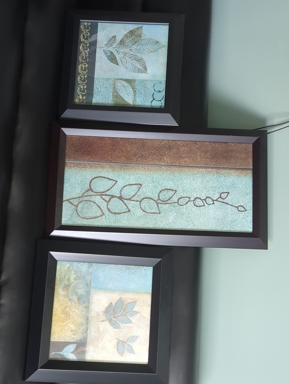 Framed Triptych Leaf Wall Art - Teal, Brown & Gold Accents